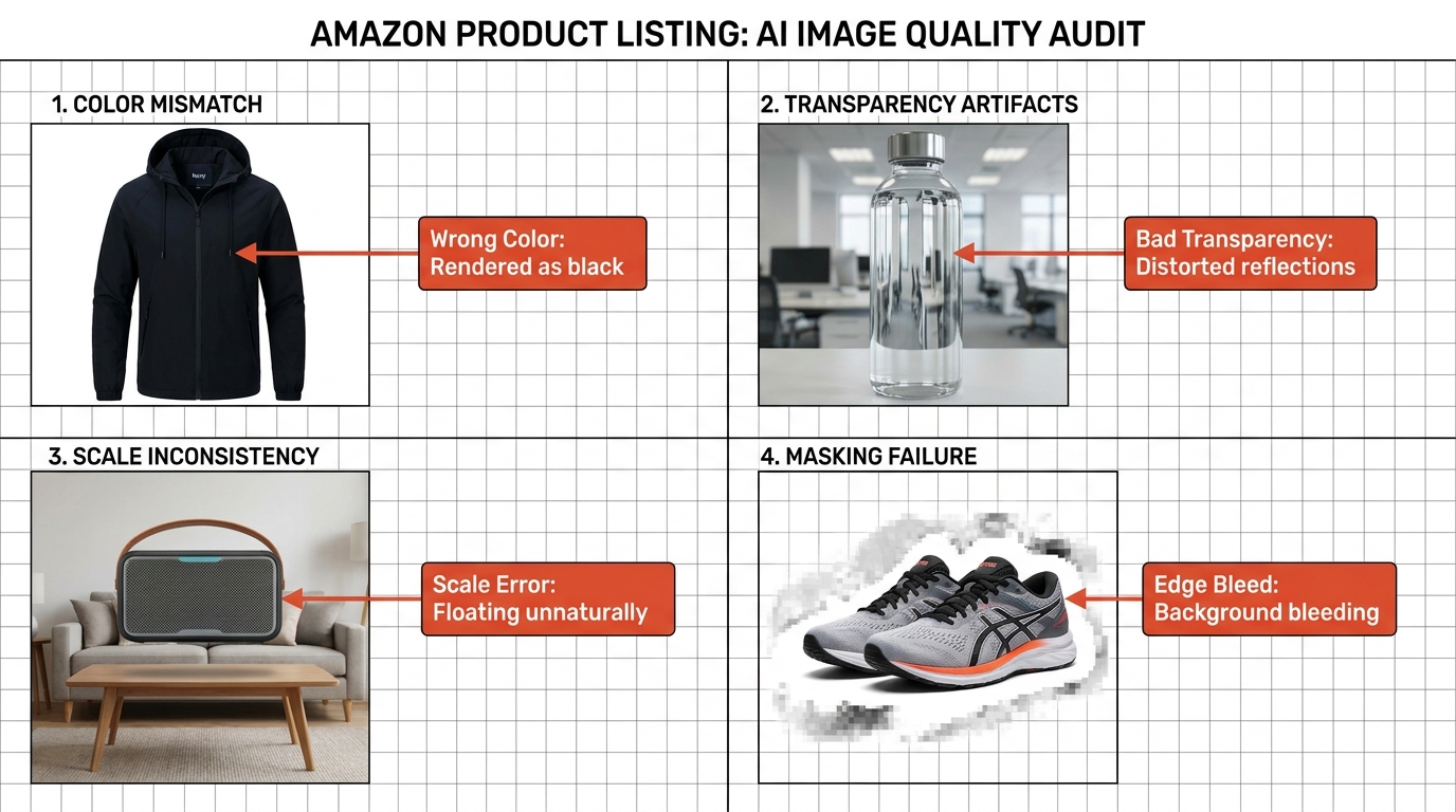 Quality control audit grid showing four AI image failure modes: Wrong Color on navy jacket, Bad Transparency on glass bottle, Scale Error on floating product, and Edge Bleed around product edges
