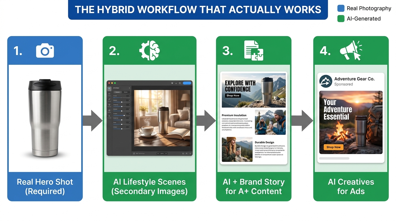 Flowchart showing the four-step hybrid photography workflow: Real Hero Shot, AI Lifestyle Scenes for Secondary Images, AI plus Brand Story for A+ Content, and AI Creatives for Ads