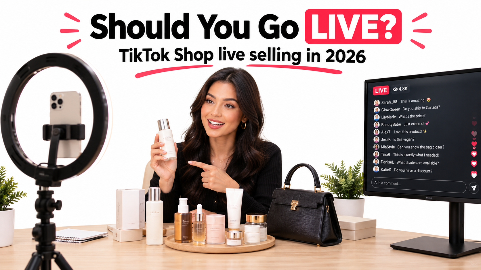 Home livestream studio setup for TikTok Shop selling with a phone on a ring light, products on a table, and live chat on a monitor