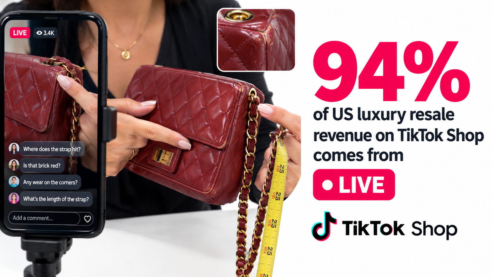 Host showing worn handbag hardware and strap length on a luxury resale livestream with viewer questions in chat; callout reads 94% of US luxury resale revenue on TikTok Shop comes from LIVE