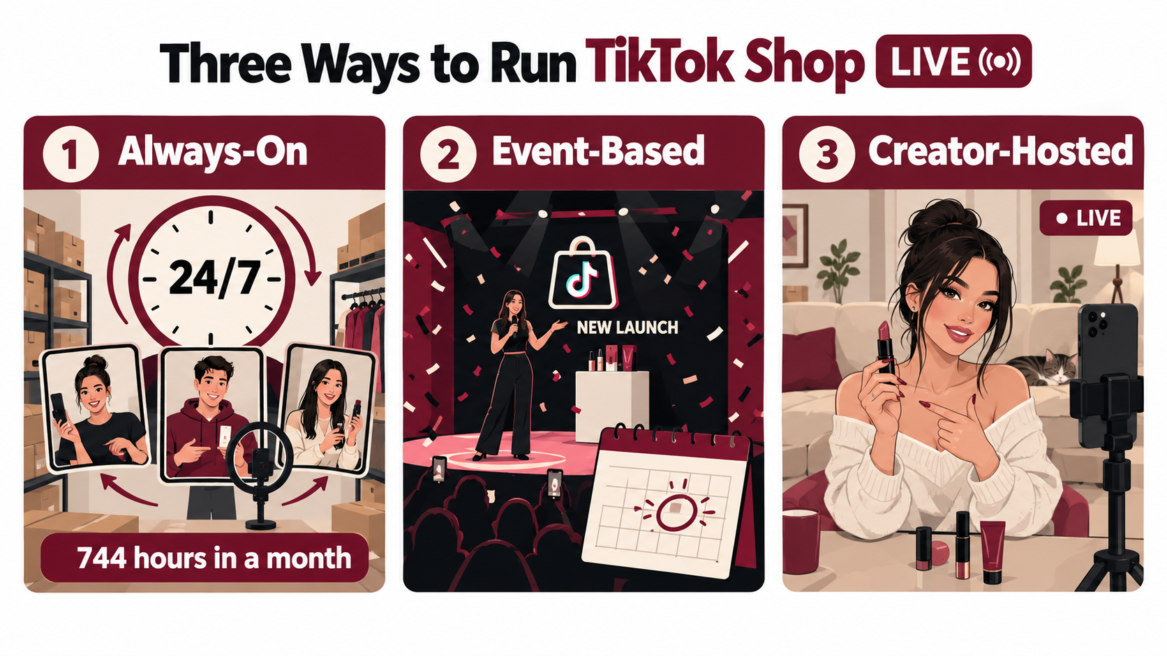 Three-panel illustration comparing always-on, event-based, and creator-hosted TikTok Shop LIVE models