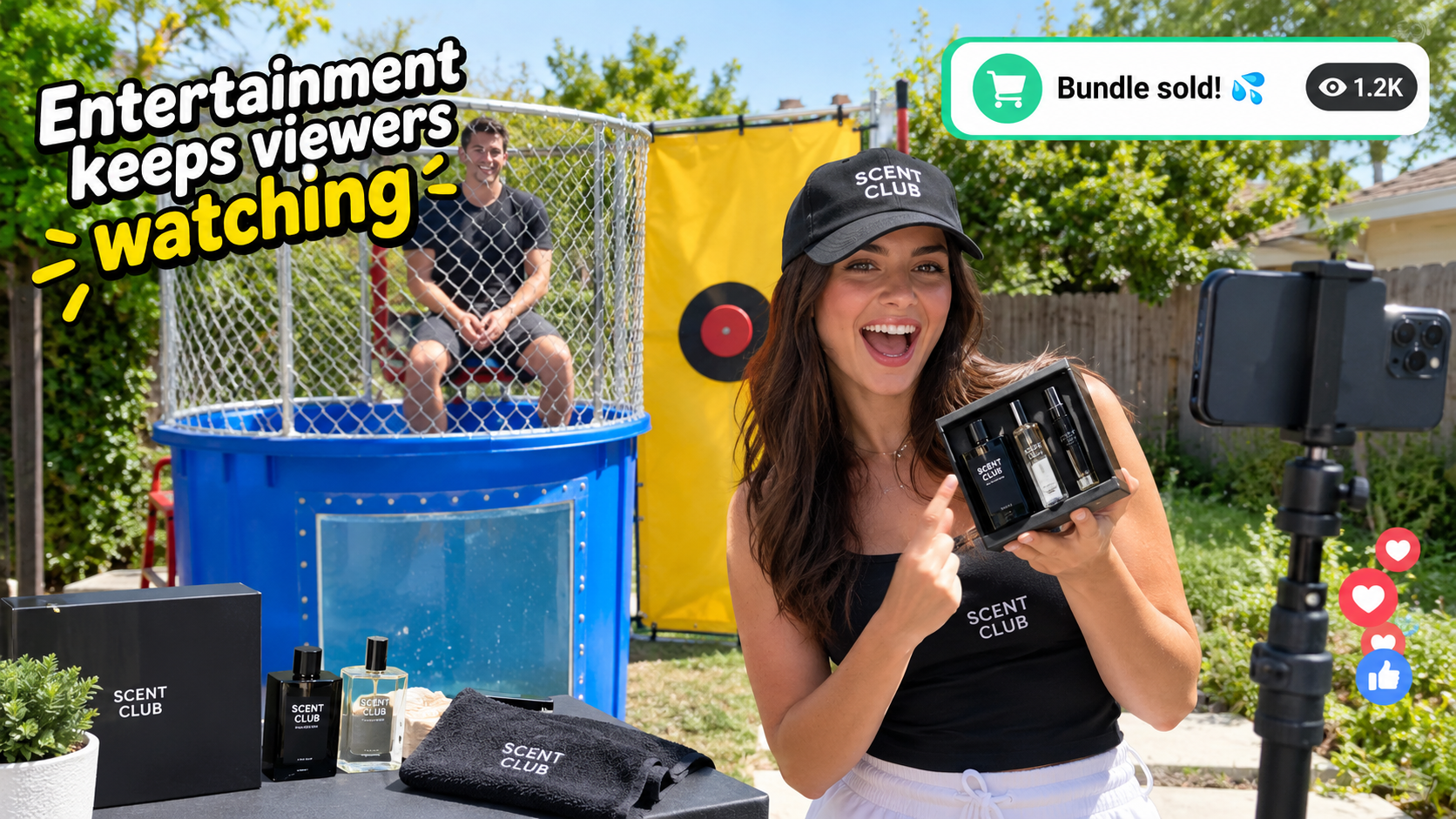 Small fragrance brand livestream with a dunk tank, a host holding a perfume bundle, and a purchase notification on screen