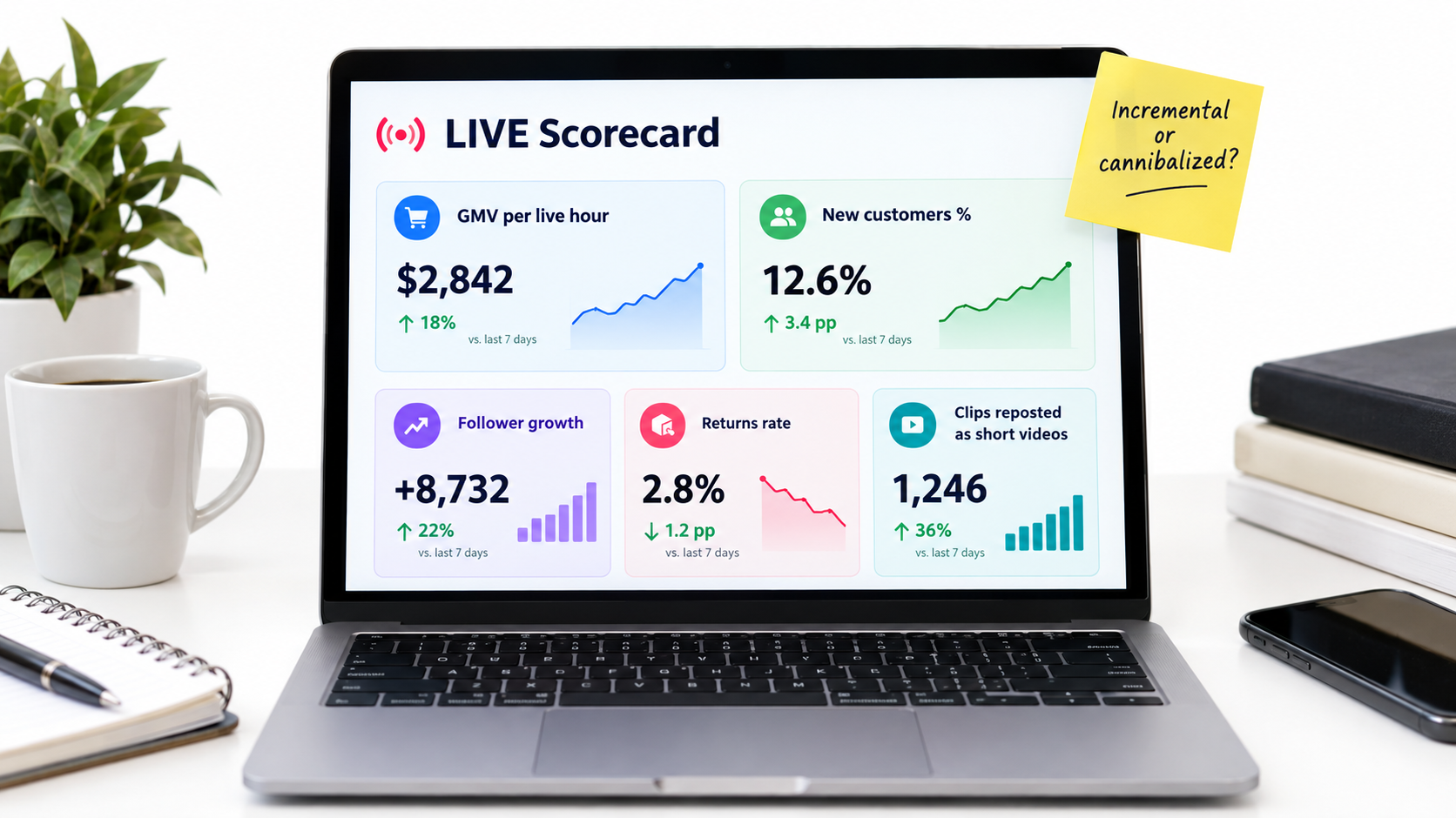 Laptop dashboard titled LIVE Scorecard with GMV per live hour, new customers, follower growth, returns rate, and clips reposted, and a sticky note asking incremental or cannibalized
