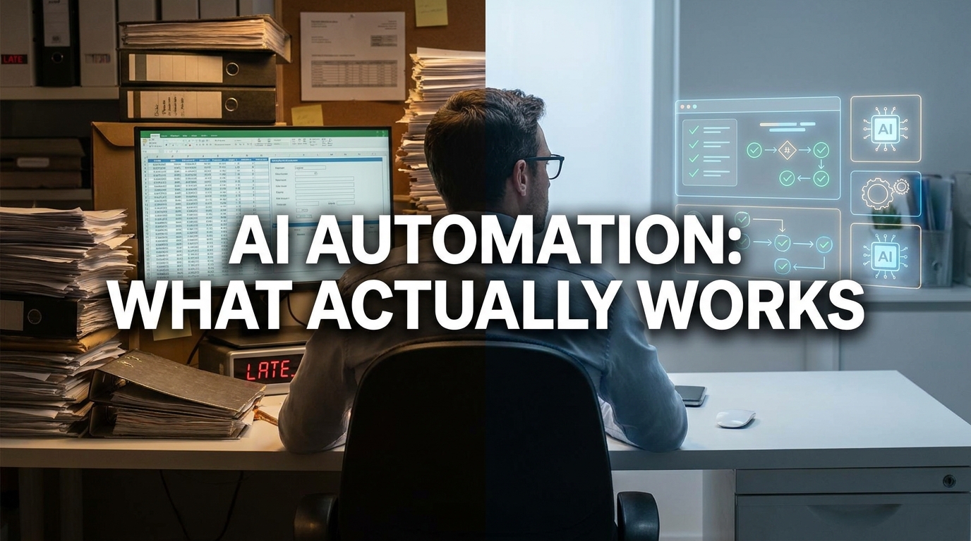 AI Automation for Business — split workspace showing manual work vs. AI-powered automated workflows