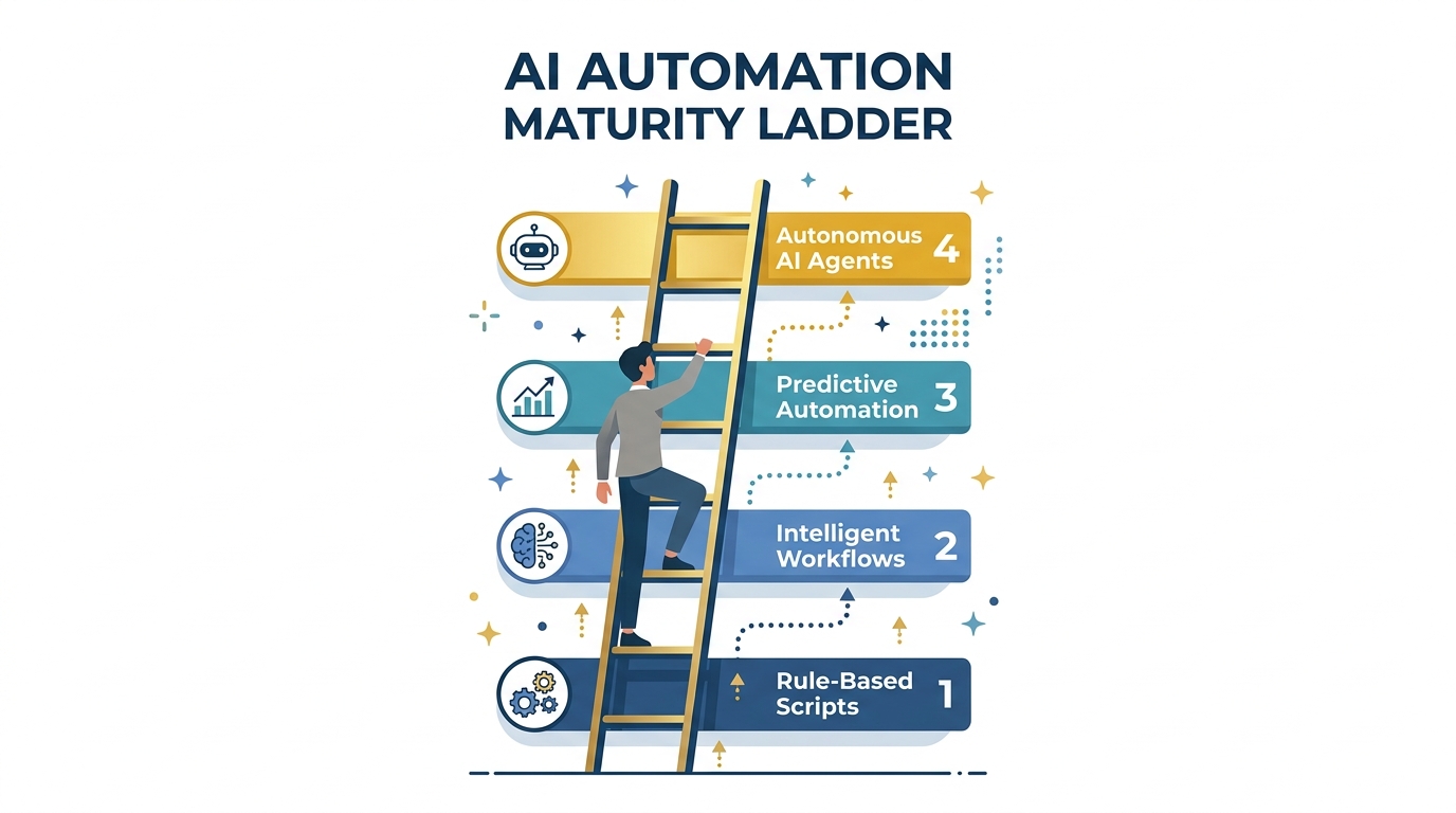 AI Automation Maturity Ladder — four rungs from rule-based scripts to autonomous AI agents