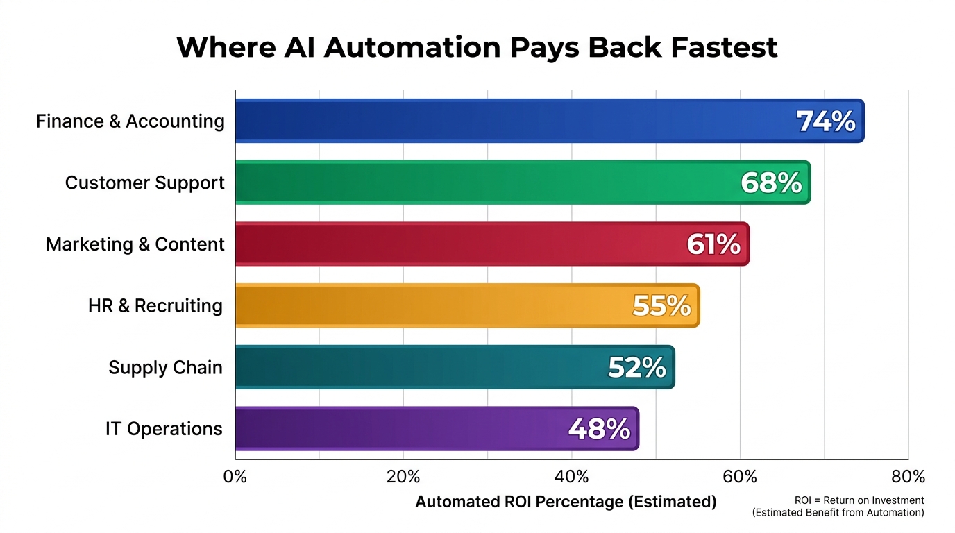 Bar chart showing AI automation ROI by department — Finance leads at 74%, followed by Customer Support, Marketing, HR, Supply Chain, and IT