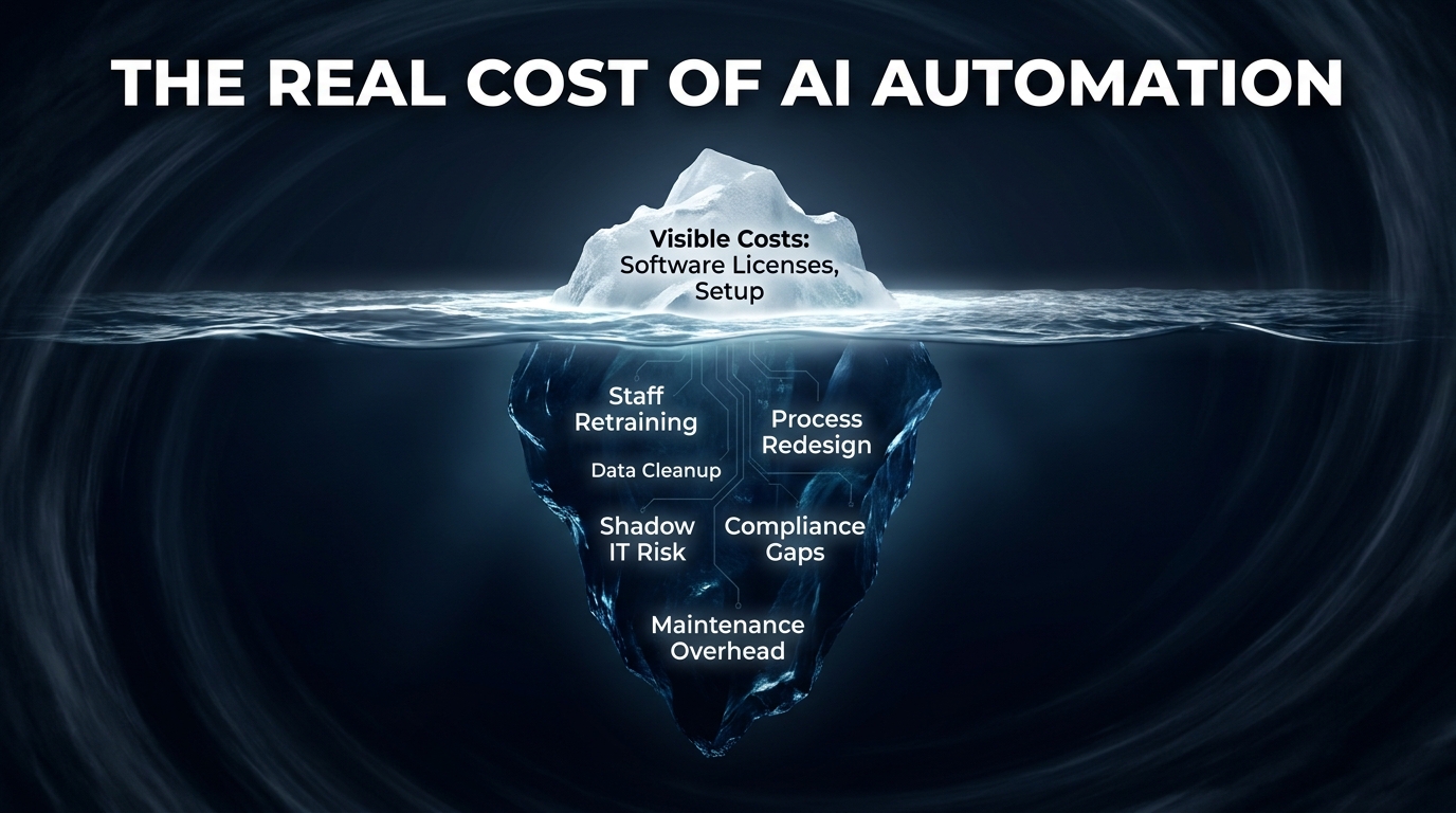 Iceberg diagram showing the hidden costs of AI automation — software licenses visible above water, with staff retraining, data cleanup, and process redesign hidden below
