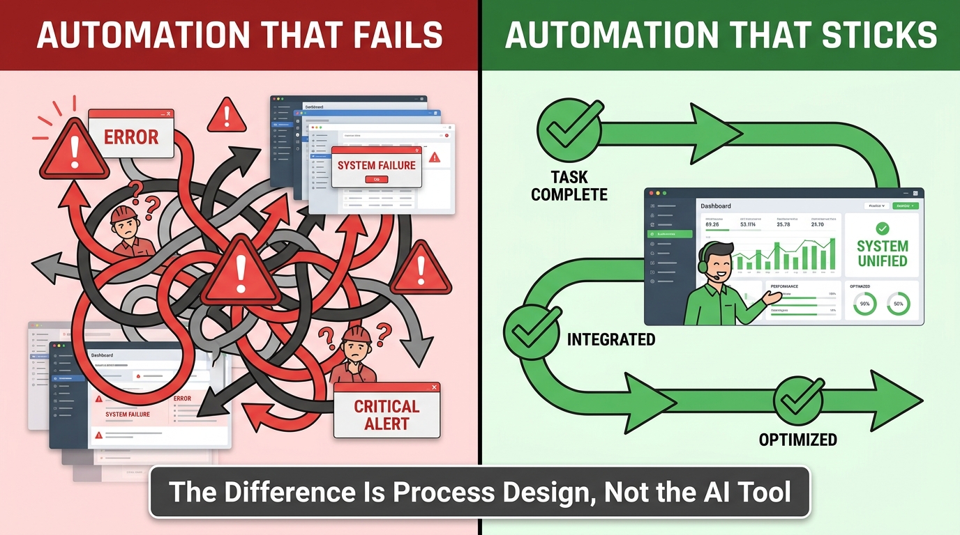 Split-screen comparison showing automation that fails vs. automation that sticks — the difference is process design, not the AI tool