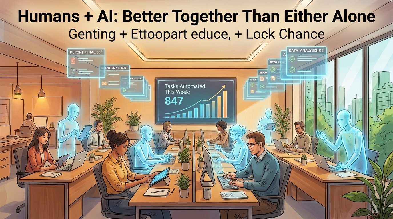Illustration of human workers and AI assistants collaborating in a modern office, with a dashboard showing 847 tasks automated this week