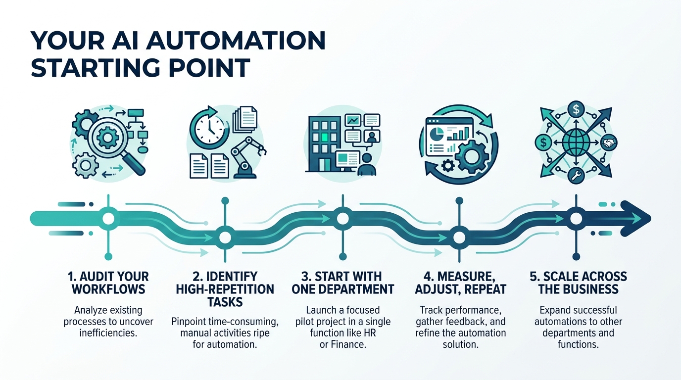 Roadmap illustration showing 5 steps for AI automation implementation: audit workflows, identify repetitive tasks, start with one department, measure and adjust, then scale