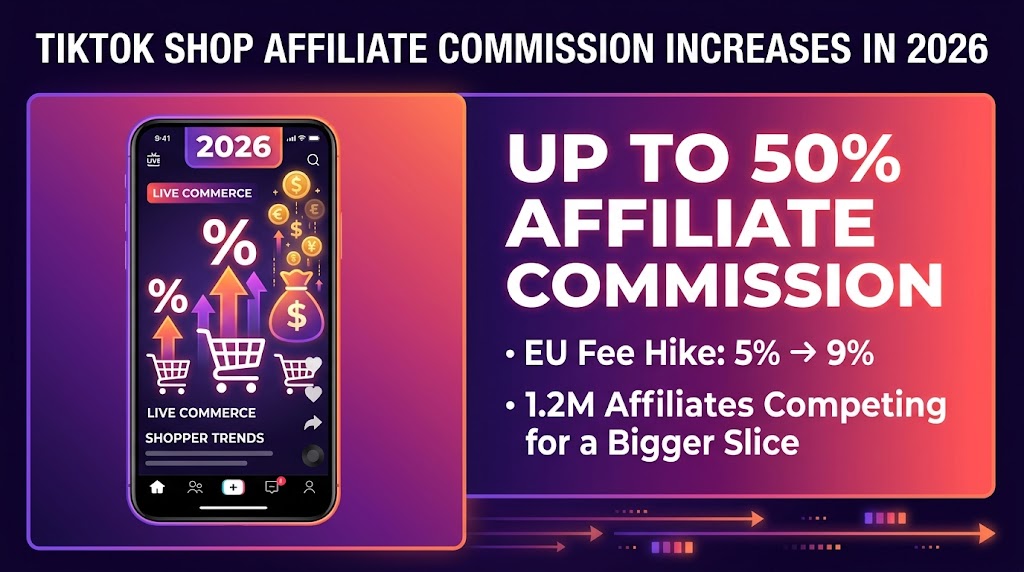 TikTok Shop affiliate commission hike 2026 — up to 50% affiliate commission infographic with EU fee increase from 5% to 9%