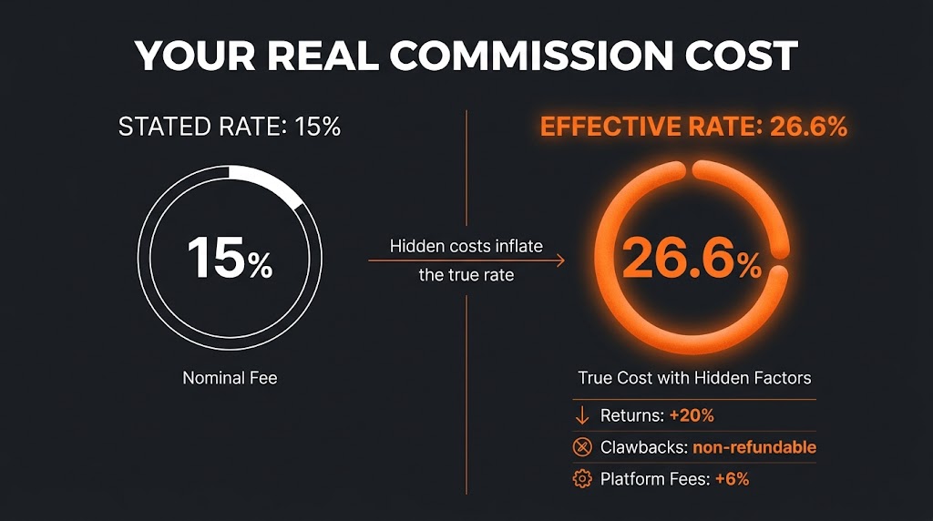 Infographic showing stated 15% affiliate commission rate vs effective 26.6% real cost after returns and clawbacks on TikTok Shop