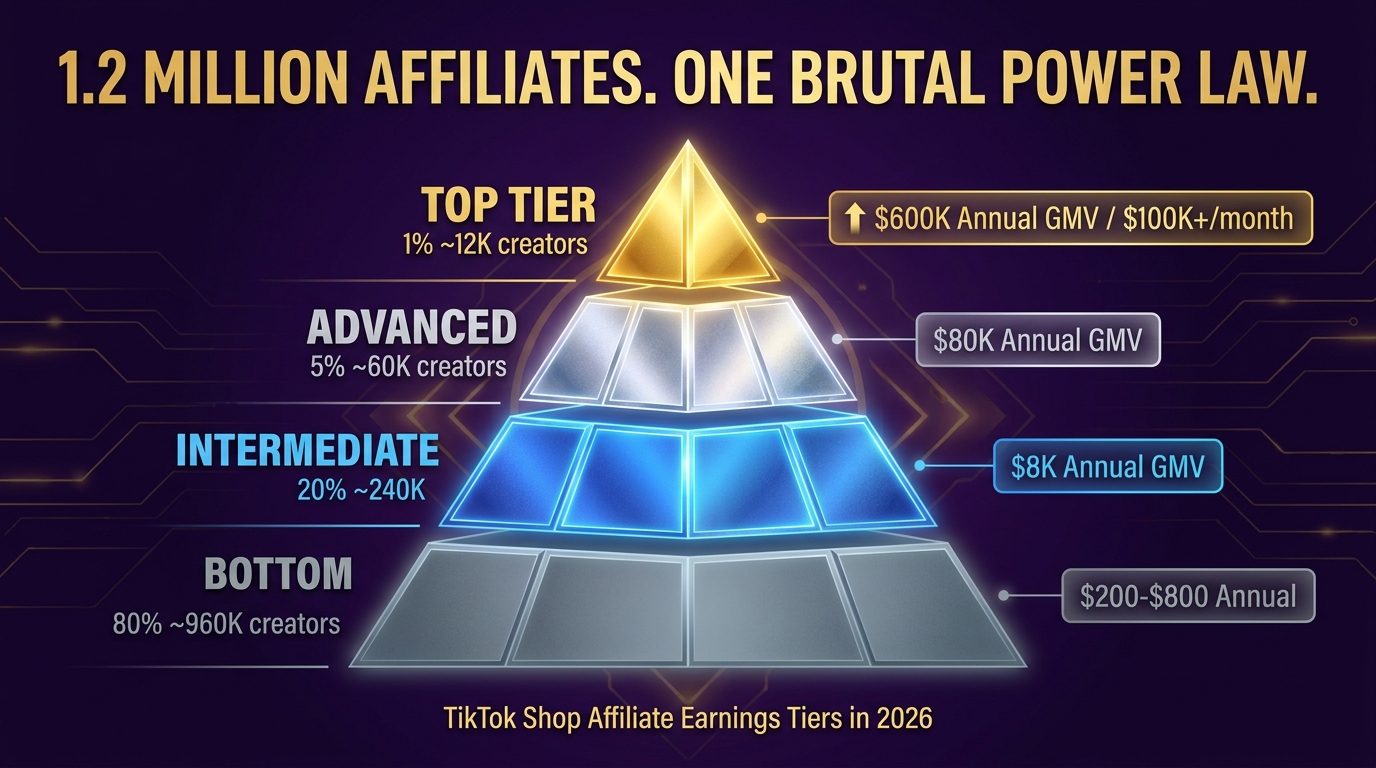Power law pyramid showing TikTok Shop affiliate earnings tiers in 2026: top 1% earn $600K annual GMV while bottom 80% earn under $800