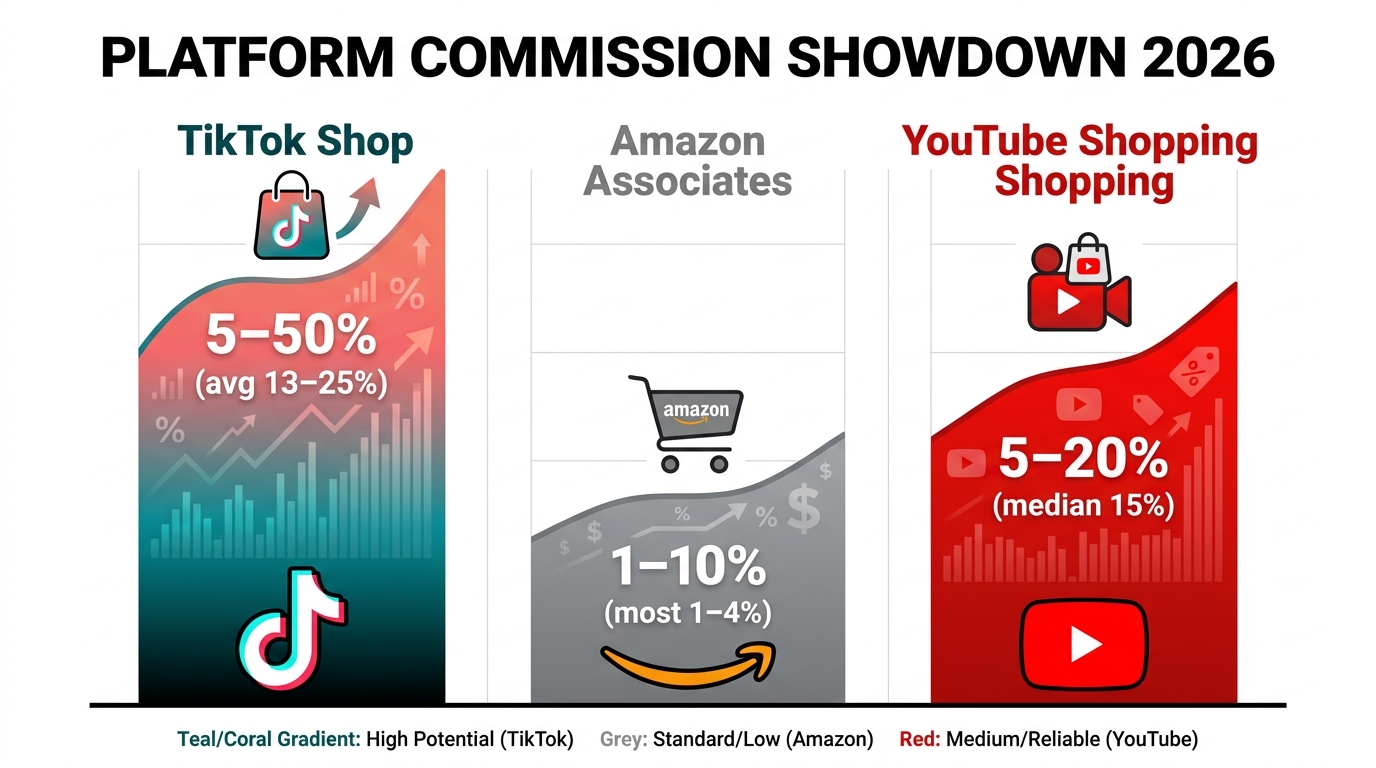 Commission rate comparison bar chart: TikTok Shop 5-50%, Amazon Associates 1-10%, YouTube Shopping 5-20% in 2026