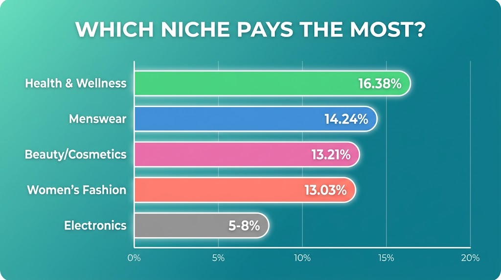 Bar chart showing TikTok Shop affiliate commission rates by category in 2026: Health and Wellness leads at 16.38%, followed by Menswear, Beauty, Women's Fashion, and Electronics