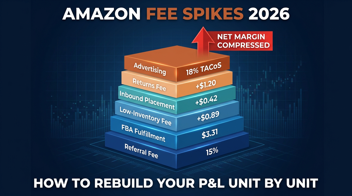 Amazon Fee Spikes 2026: How to Rebuild Your P&L Unit by Unit — stacked fee bar chart infographic
