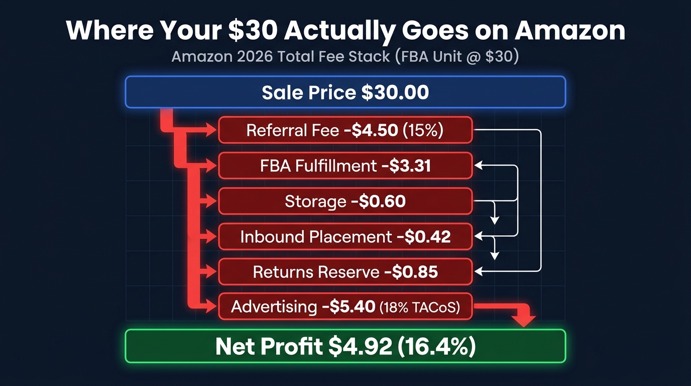 Amazon 2026 total fee stack waterfall chart — where your $30 sale price actually goes