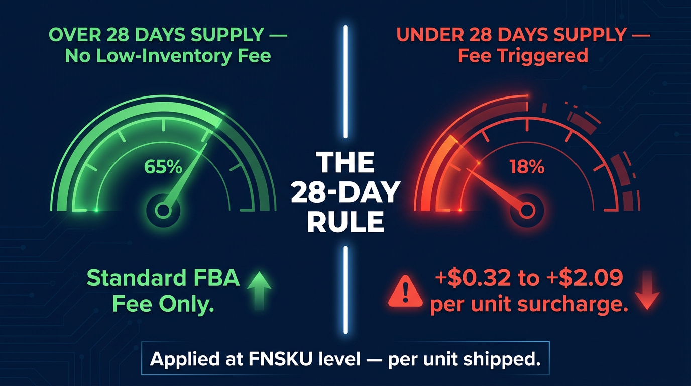 The 28-Day Rule: Amazon low inventory level fee split comparison — above vs below threshold