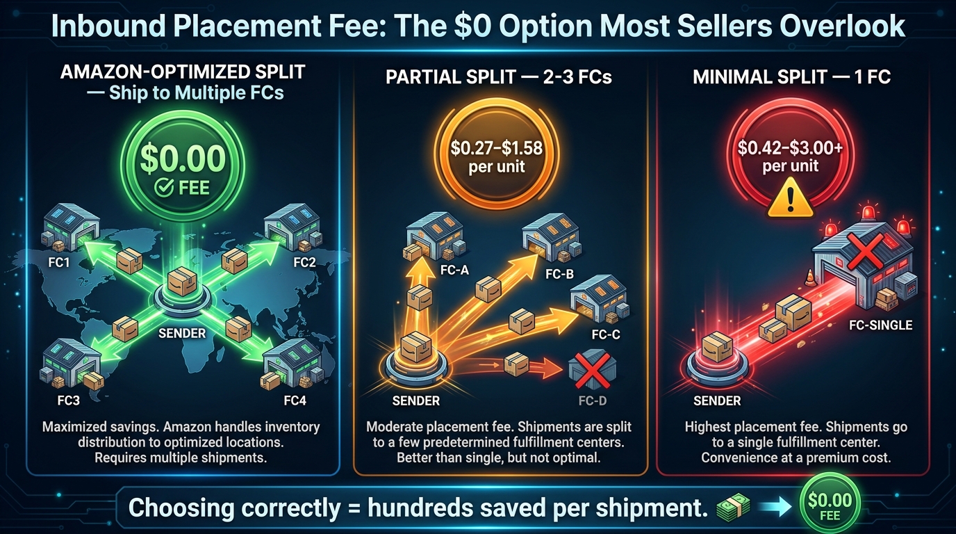Amazon inbound placement fee options 2026 — three-column comparison showing $0 optimized split vs paid splits