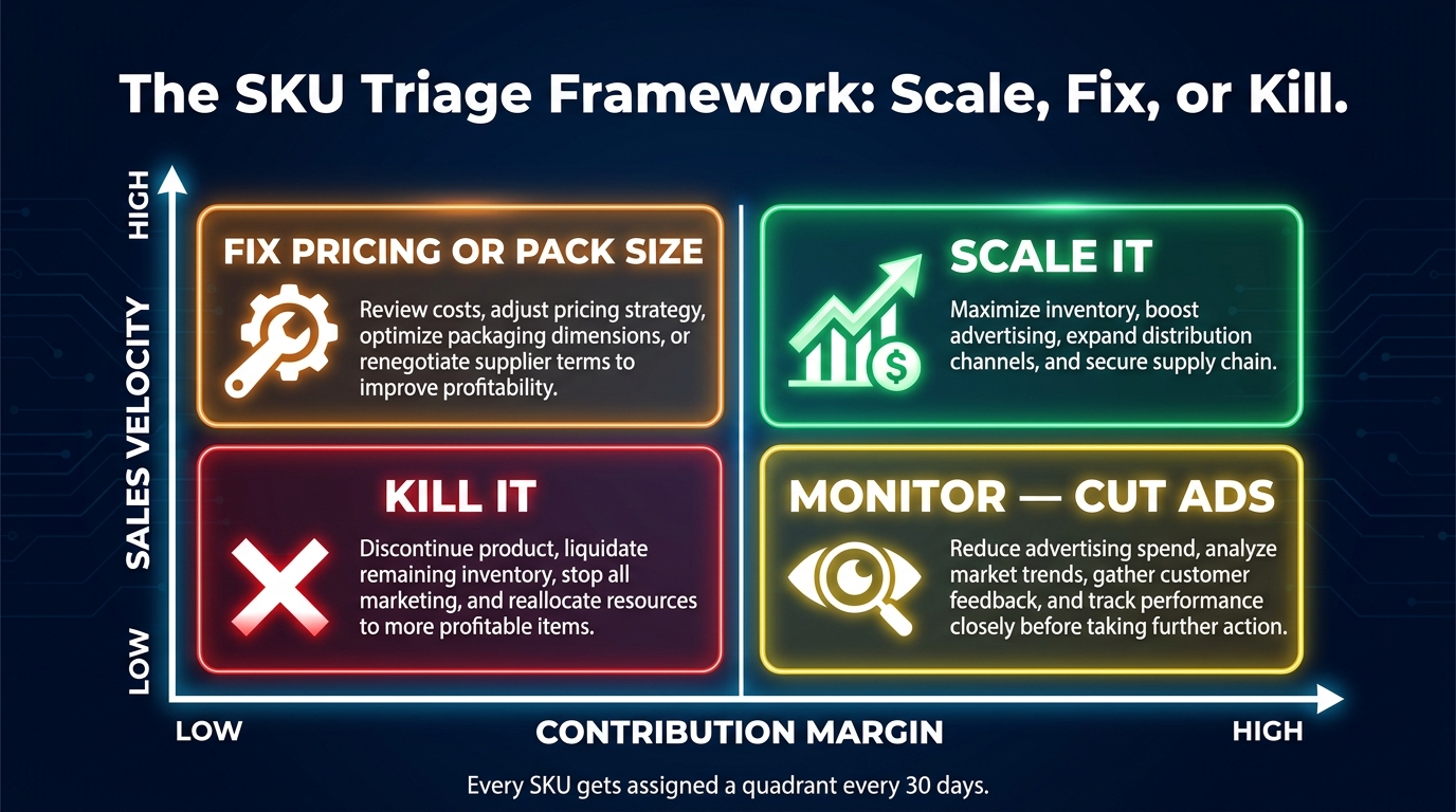 SKU triage framework matrix — Scale, Fix, Monitor, or Kill quadrants based on contribution margin and sales velocity