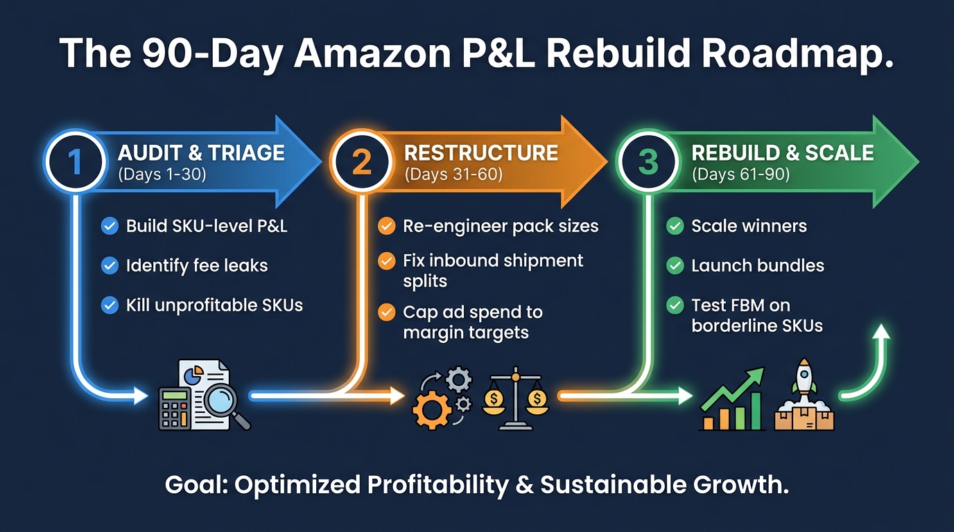 90-day Amazon P&L rebuild roadmap — three phases: Audit and Triage, Restructure, Rebuild and Scale