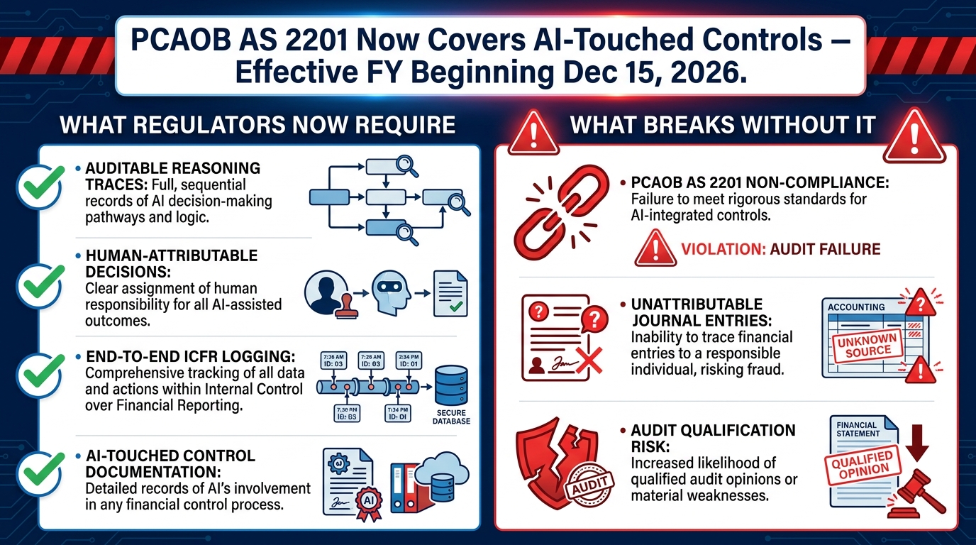 SOX compliance requirements for agentic AI in finance including PCAOB AS 2201 effective December 2026, auditable reasoning traces, human-attributable decisions, and ICFR logging requirements