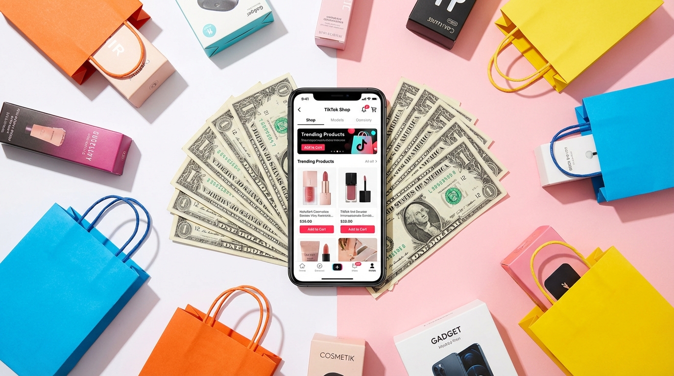 TikTok Shop selling — smartphone with shop interface surrounded by products and money on a clean white background