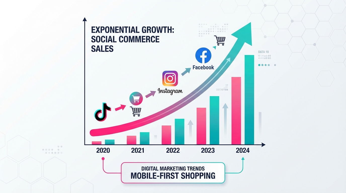 Exponential growth chart showing TikTok Shop GMV increasing year over year in teal and pink colors