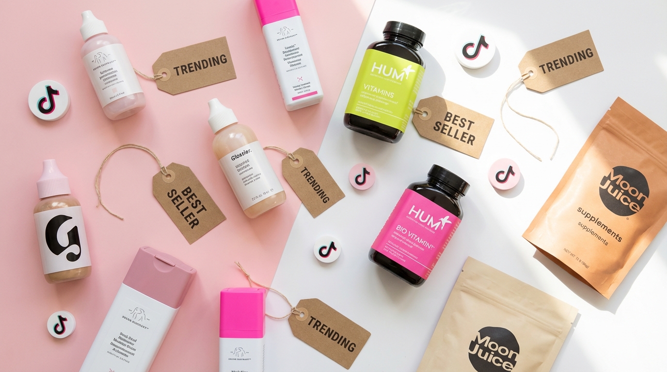 Beauty skincare bottles, vitamins, and wellness supplements arranged on a pastel pink surface with shopping tags