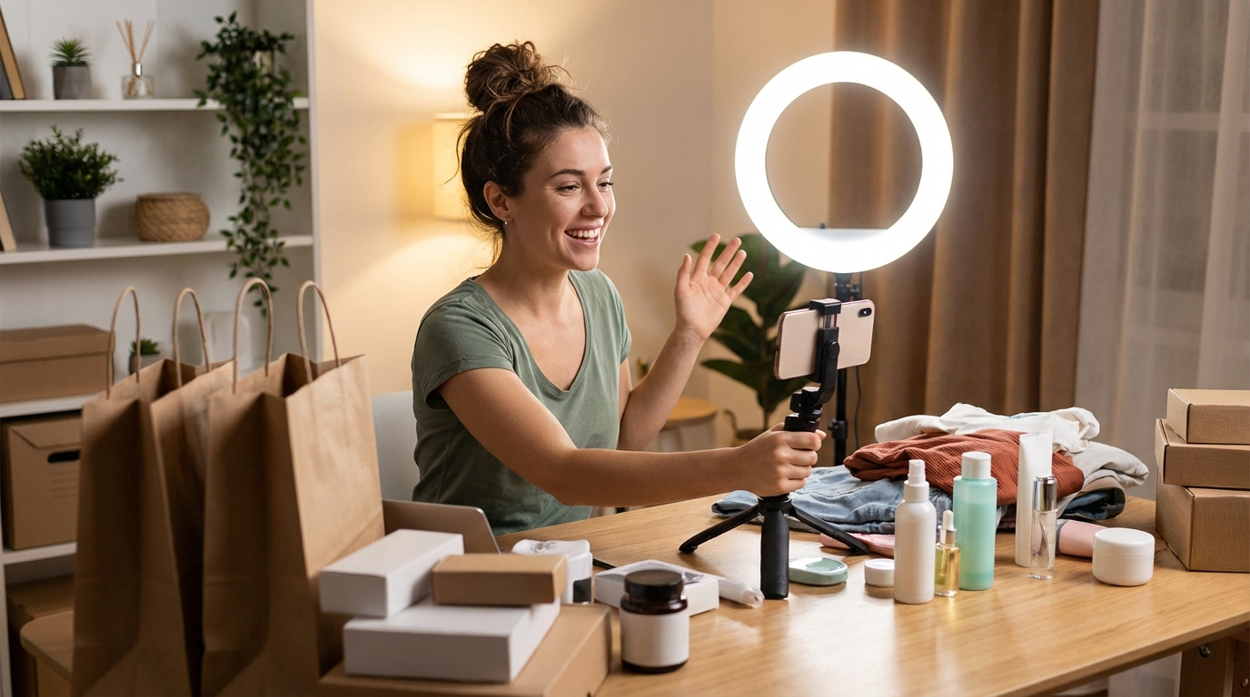 Content creator filming a live shopping stream on smartphone with ring light, products, and shopping bags in a home studio setting