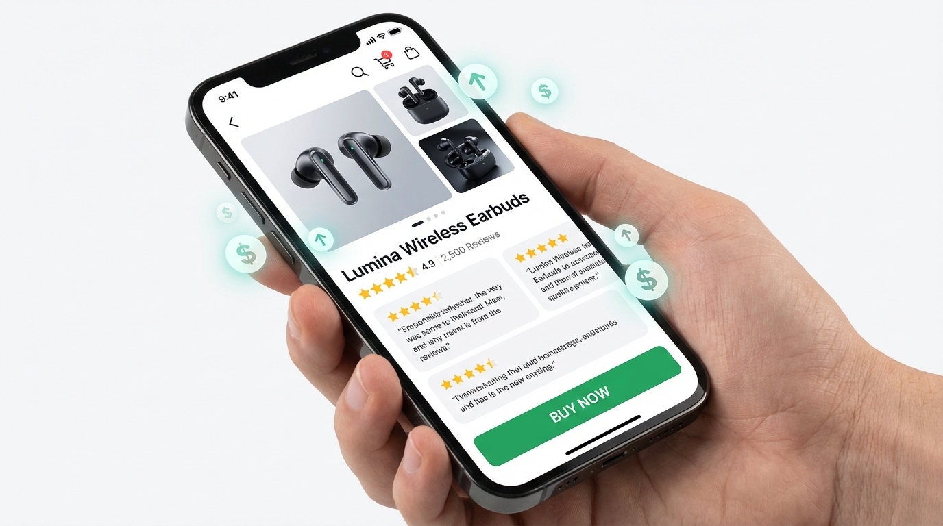 Mobile phone screen showing a high-quality product listing with star ratings, reviews, and a buy button with conversion optimization icons
