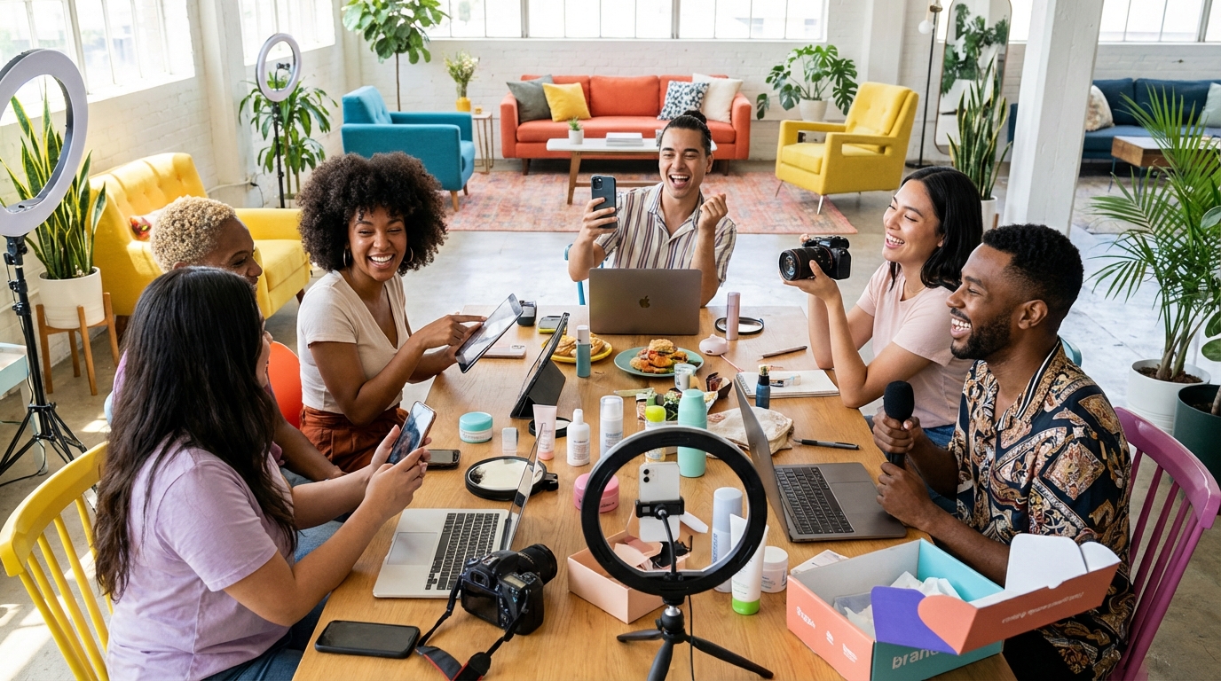 Diverse group of social media influencers and content creators reviewing products together in a bright modern studio with phones and cameras