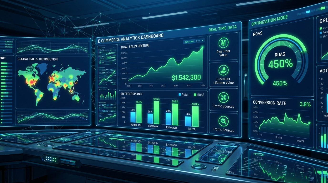 E-commerce analytics dashboard showing ROAS metrics, conversion rate graphs, and sales revenue charts on multiple screens in dark blue and neon green