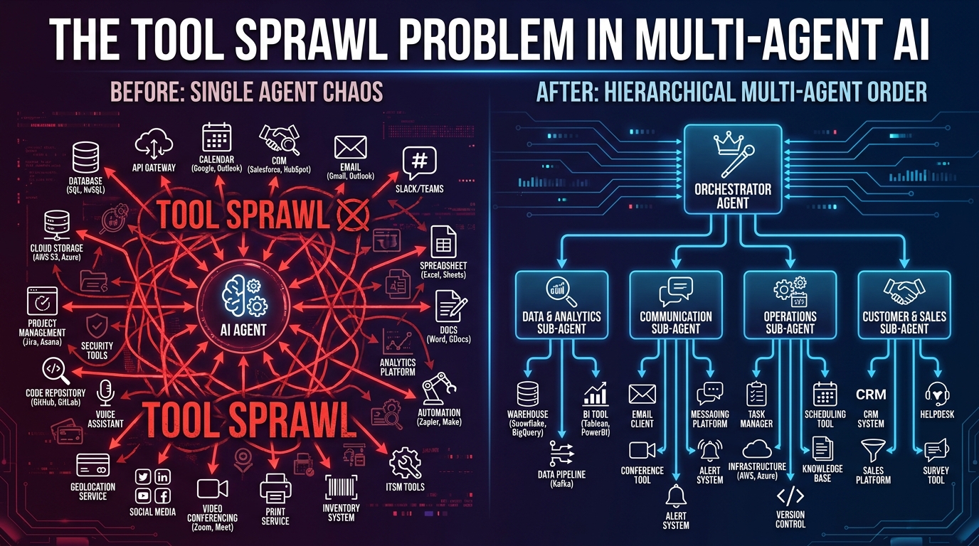 Diagram contrasting chaotic tool sprawl in a single AI agent versus a clean hierarchical multi-agent architecture with scoped tools