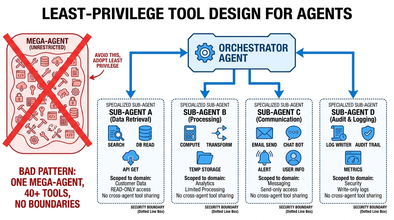 Architectural diagram showing least-privilege tool design with specialized sub-agents each enclosed in security boundaries containing only 3-4 scoped tools, contrasted with a bad single-agent pattern holding 40+ tools
