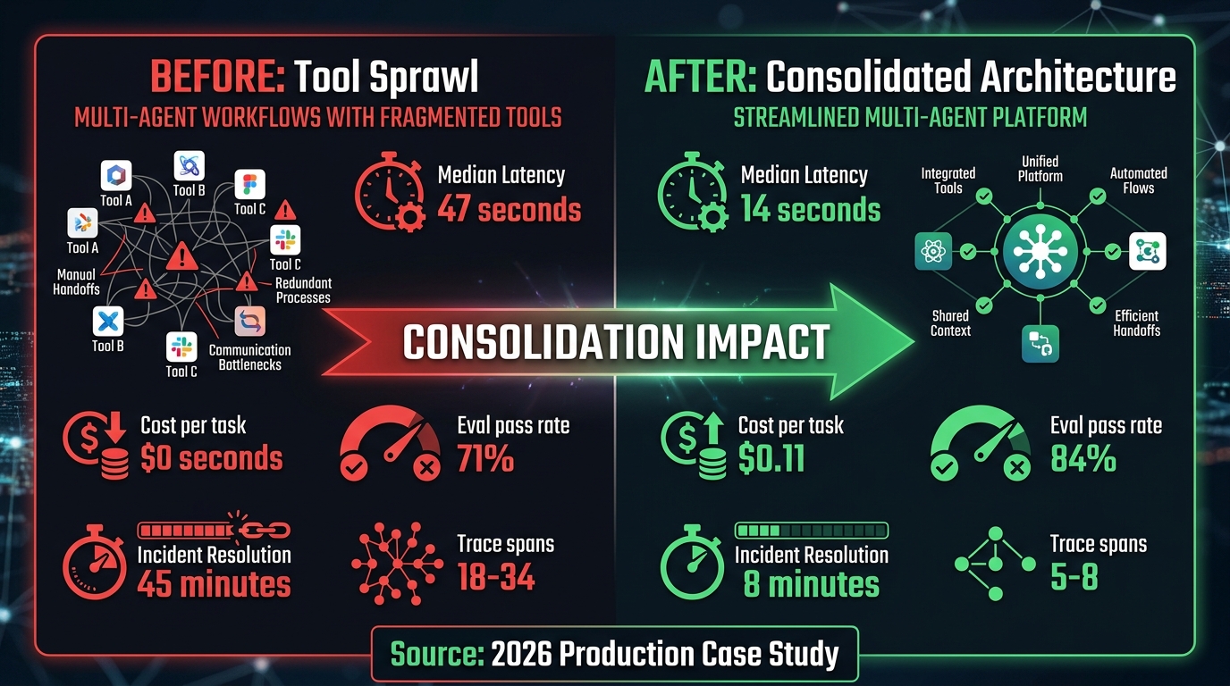 Before-and-after comparison showing production metrics after tool consolidation: latency from 47s to 14s, cost per task from $0.62 to $0.11, eval pass rate from 71% to 84%, incident resolution from 45 minutes to 8 minutes