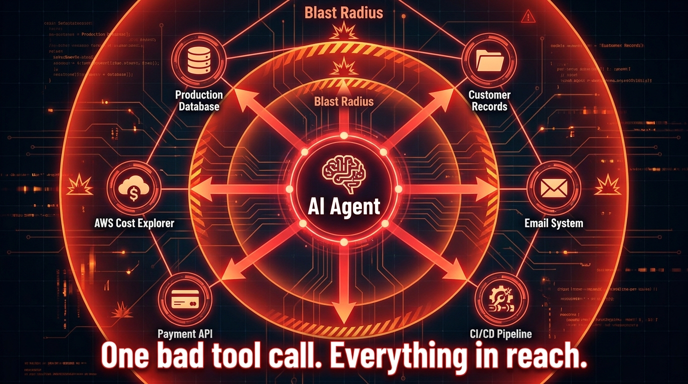 Blast radius diagram showing an over-permissioned AI agent with arrows reaching production database, email, payments, and CI/CD pipeline