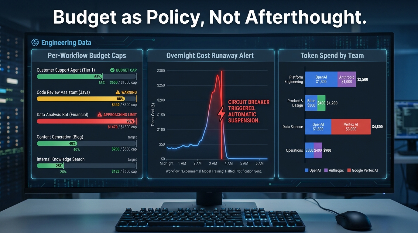 FinOps dashboard showing per-workflow budget caps, an overnight cost runaway alert with circuit breaker triggered, and token spend by team