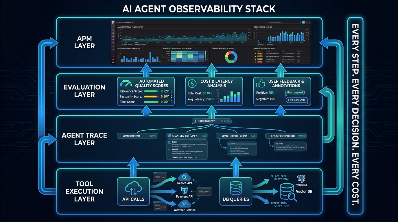Layered AI agent observability stack diagram showing Tool Execution, Agent Trace, Evaluation, and APM layers with the annotation: Every step. Every decision. Every cost.