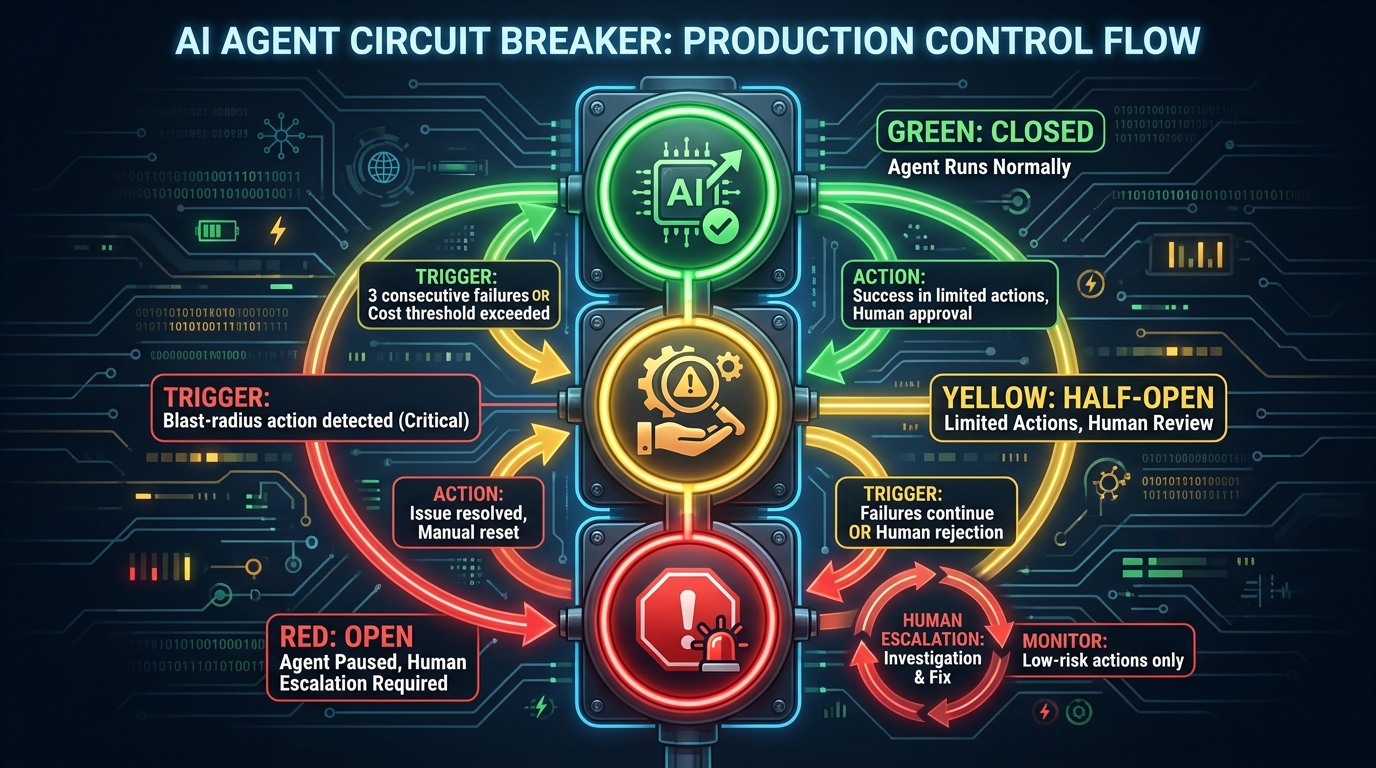 Circuit breaker diagram for AI agents showing three states: Green (Closed - Agent Runs Normally), Yellow (Half-Open - Limited Actions), Red (Open - Agent Paused, Human Escalation)