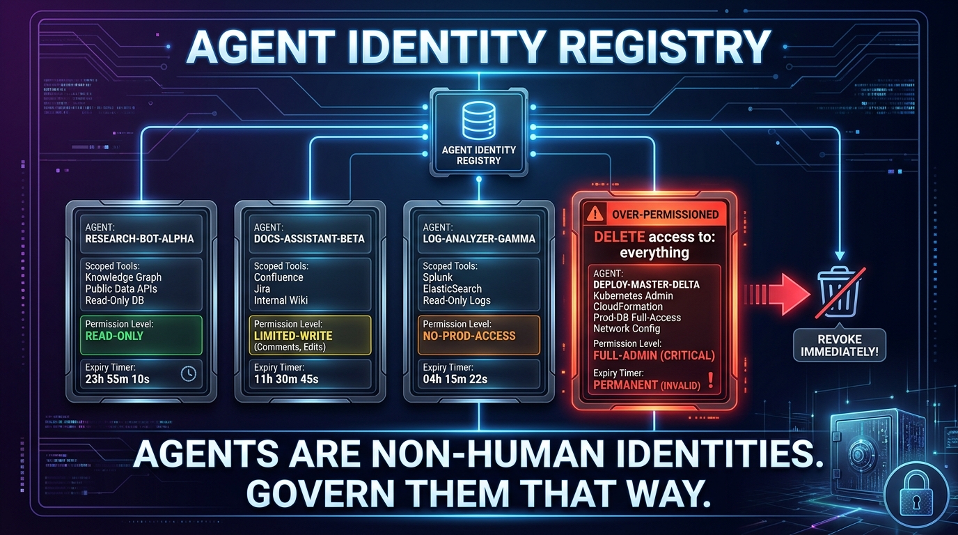 AI agent identity registry diagram showing per-agent permission cards, scoped tool access, and one over-permissioned agent flagged in red with DELETE access to everything