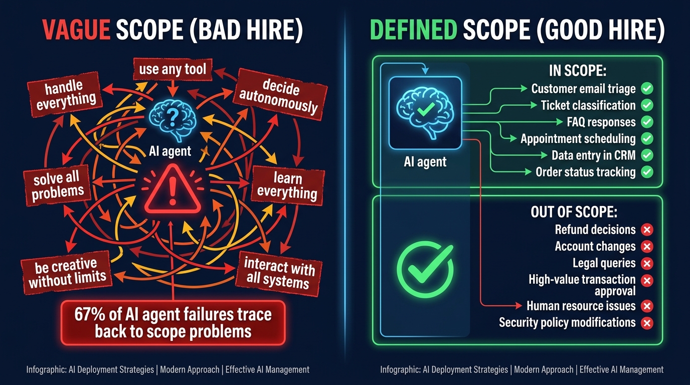 Split-screen infographic comparing vague agent scope on the left showing chaotic arrows and undefined tasks versus defined scope on the right with clear in-scope and out-of-scope boundaries