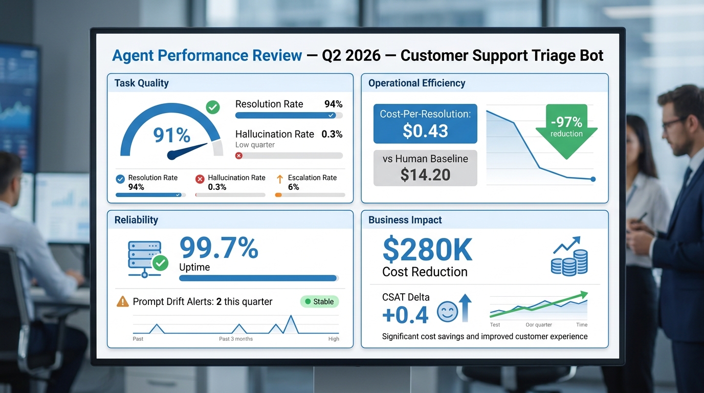Four-quadrant performance review dashboard for a customer support AI agent showing task quality metrics, operational efficiency including cost per resolution versus human baseline, reliability indicators, and business impact figures
