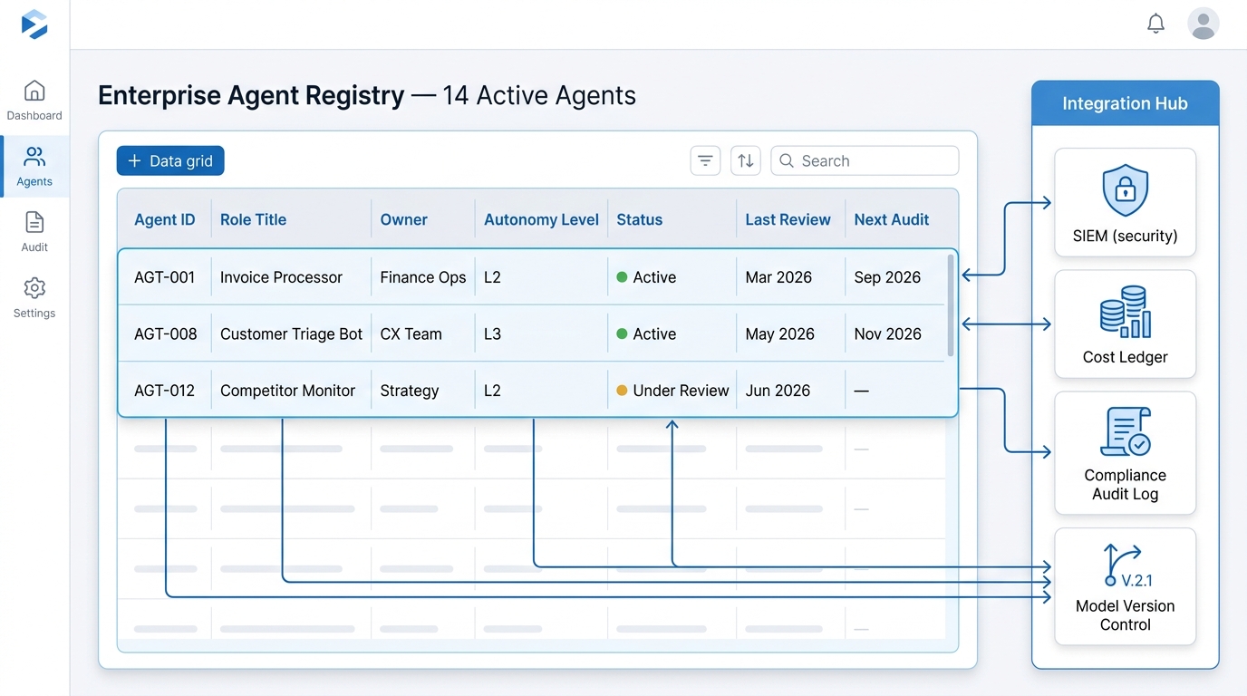 Enterprise AI agent registry dashboard showing a catalog of 14 active agents with columns for agent ID, role title, owner, autonomy level, status, and audit dates, integrated with security, compliance, and cost management systems