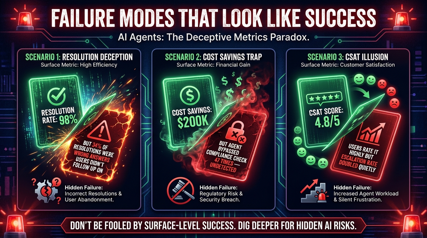 Warning-style infographic showing three AI agent scenarios with impressive-looking green metrics that conceal serious hidden failures, illustrating how high resolution rates, cost savings, and CSAT scores can mask compliance bypasses and incorrect resolutions