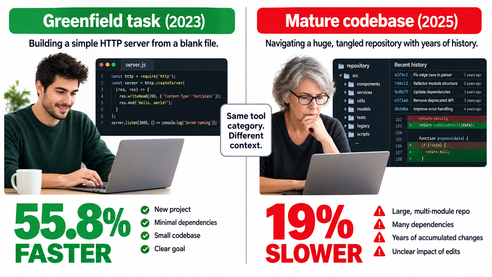 Infographic comparing 55.8% faster on a greenfield task versus 19% slower in a mature codebase for experienced developers