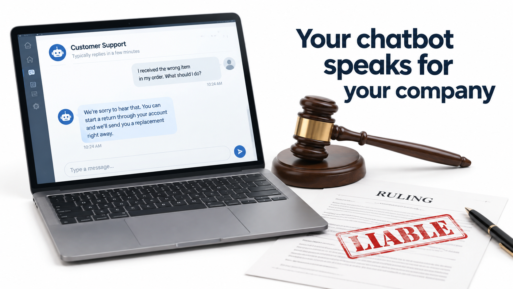 Laptop showing a chatbot conversation beside a gavel and a ruling stamped liable, illustrating company liability for AI chatbot answers