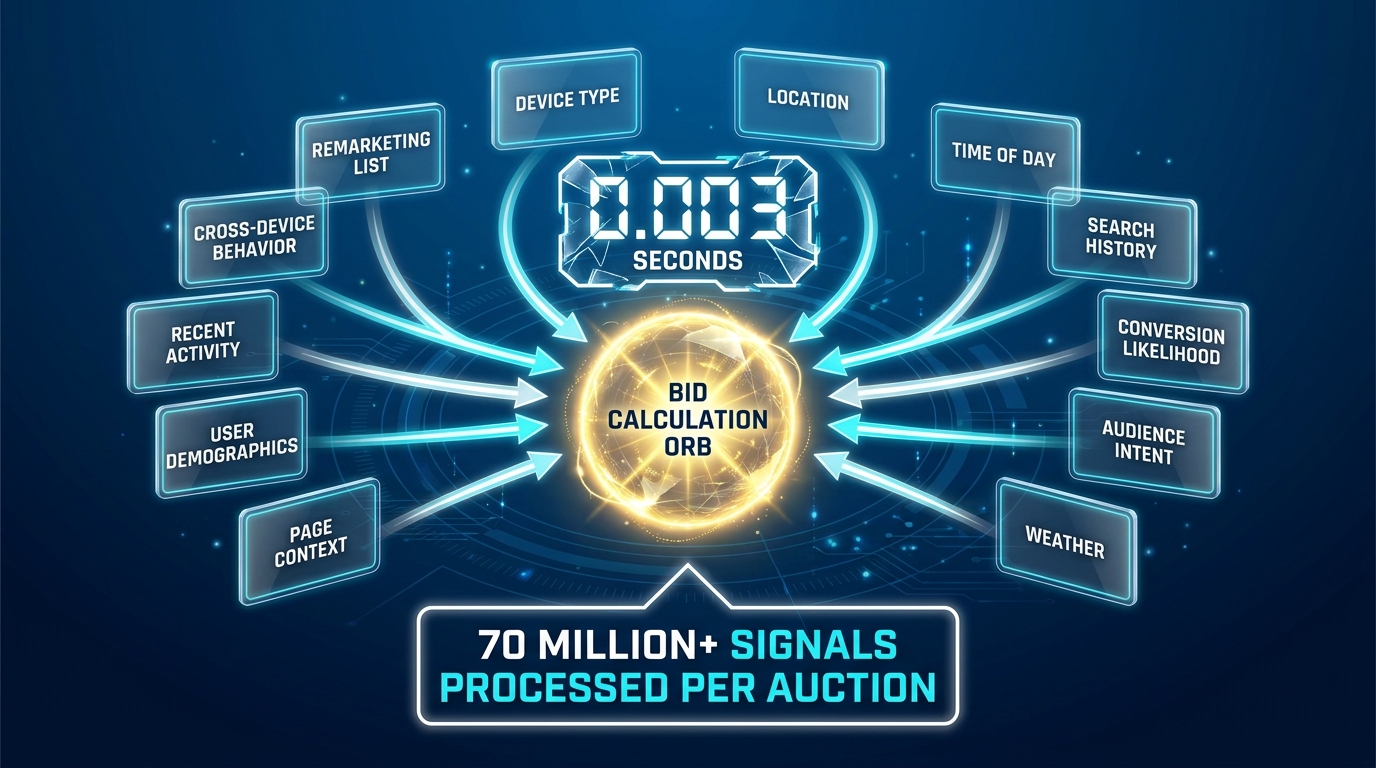 Infographic showing 70 million signals processed per Google Ads auction in 2026