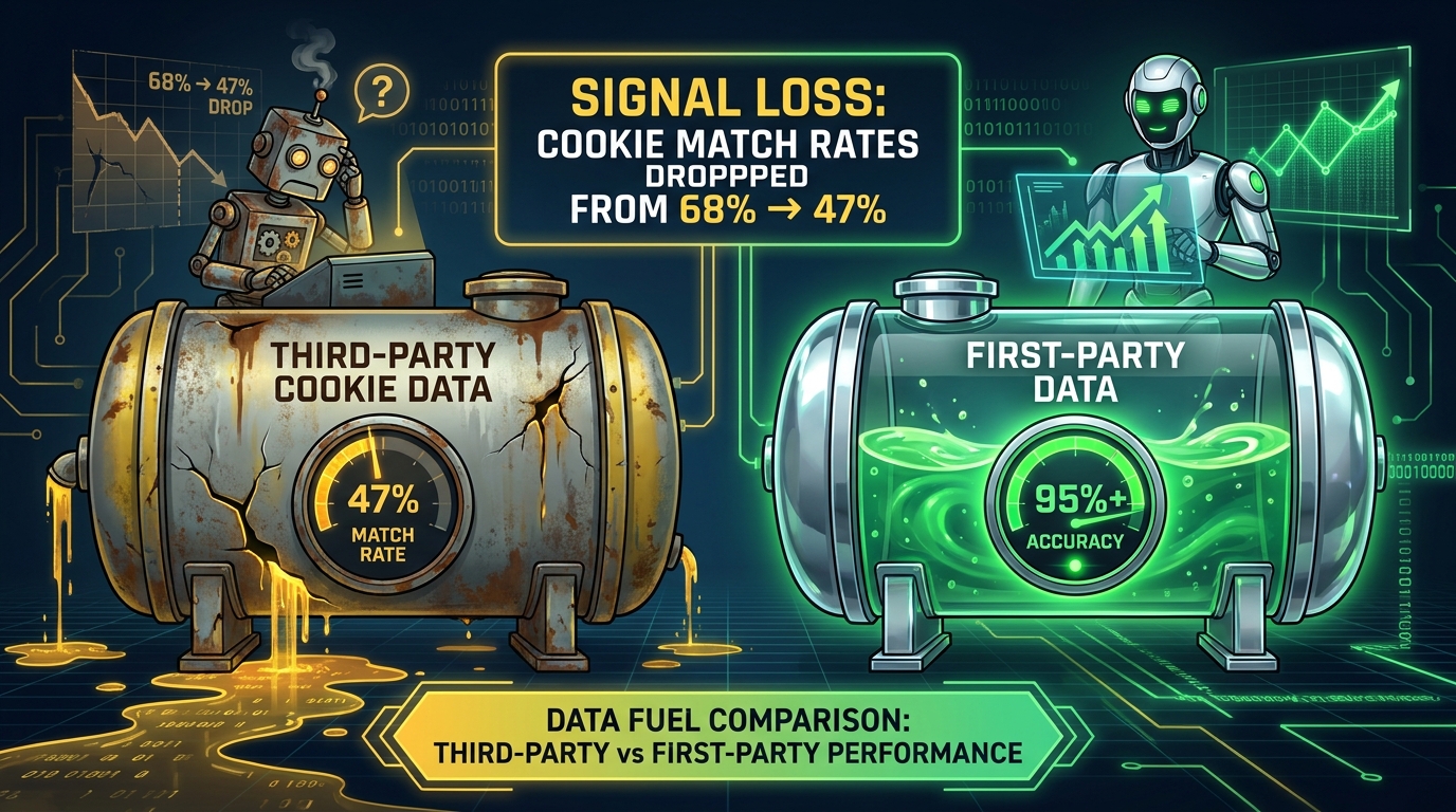 Comparison of first-party data vs third-party cookie data showing 47% match rate drop and impact on AI bidding