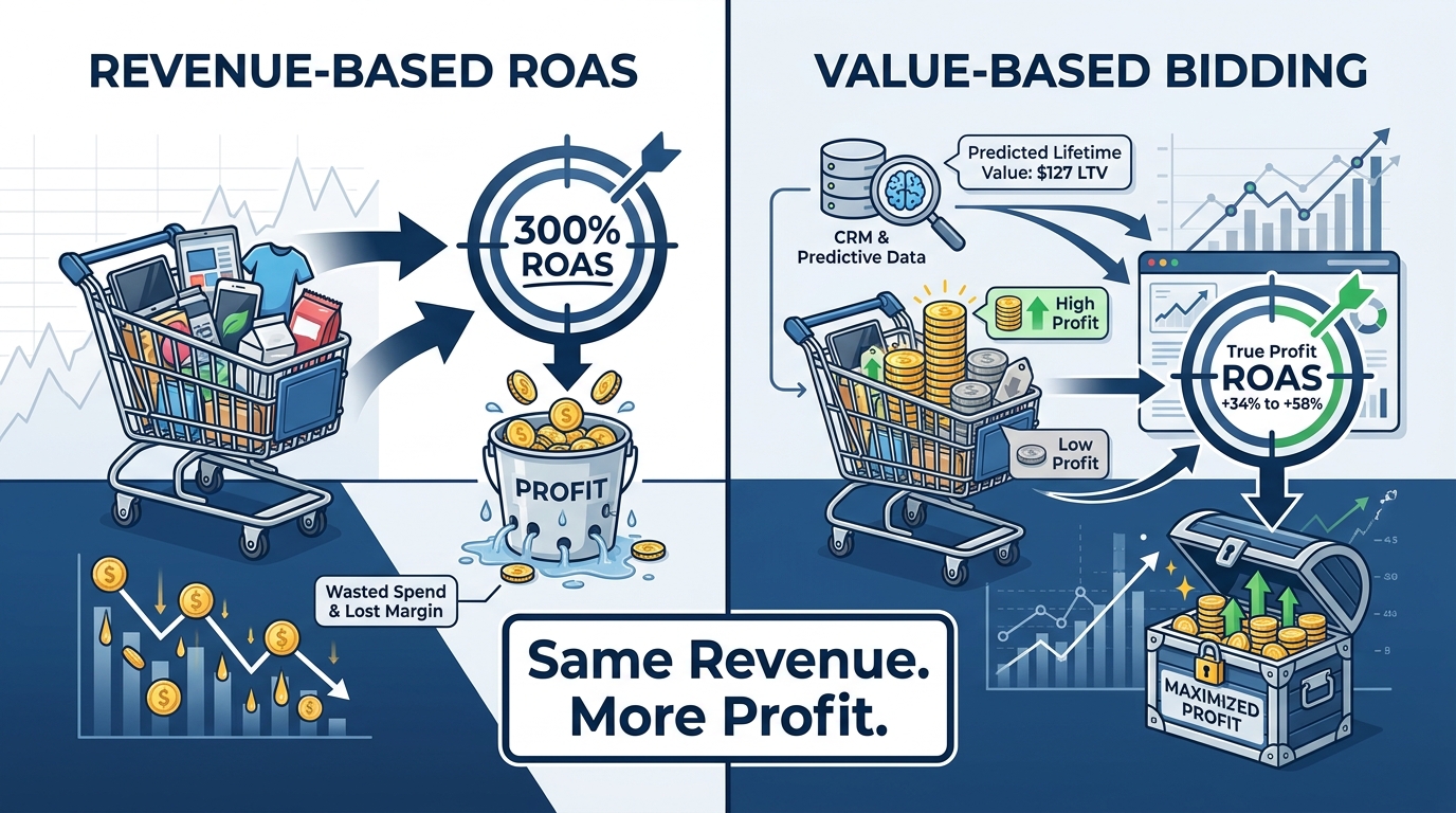 Value-based bidding vs revenue-based ROAS comparison showing profit optimization strategy for 2026